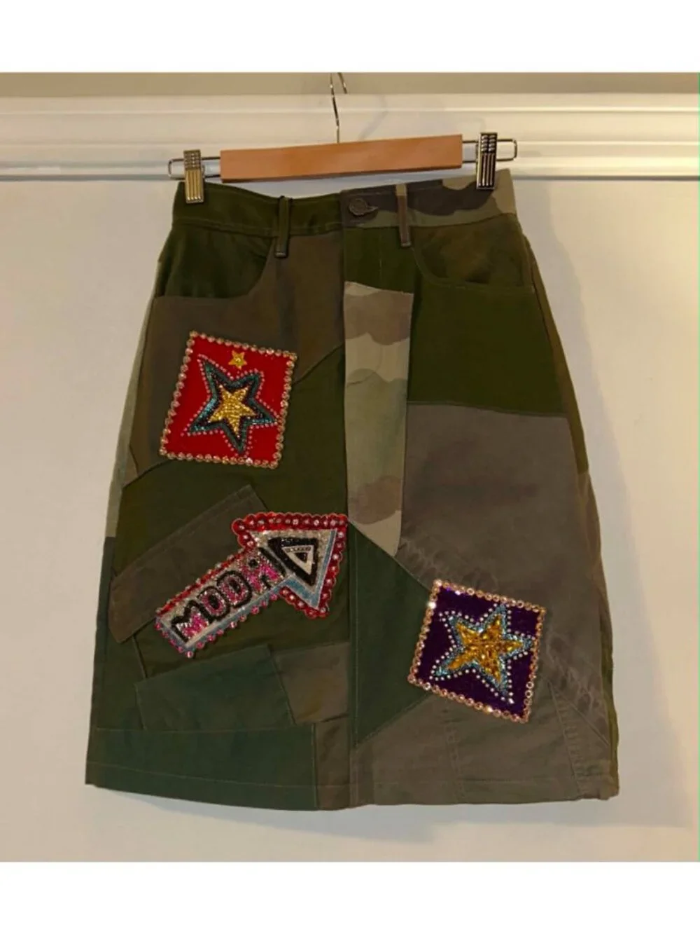 NWT $3769 Dolce & Gabbana Patchwork Rhinestones Pencil Skirt Green Camo Size 0